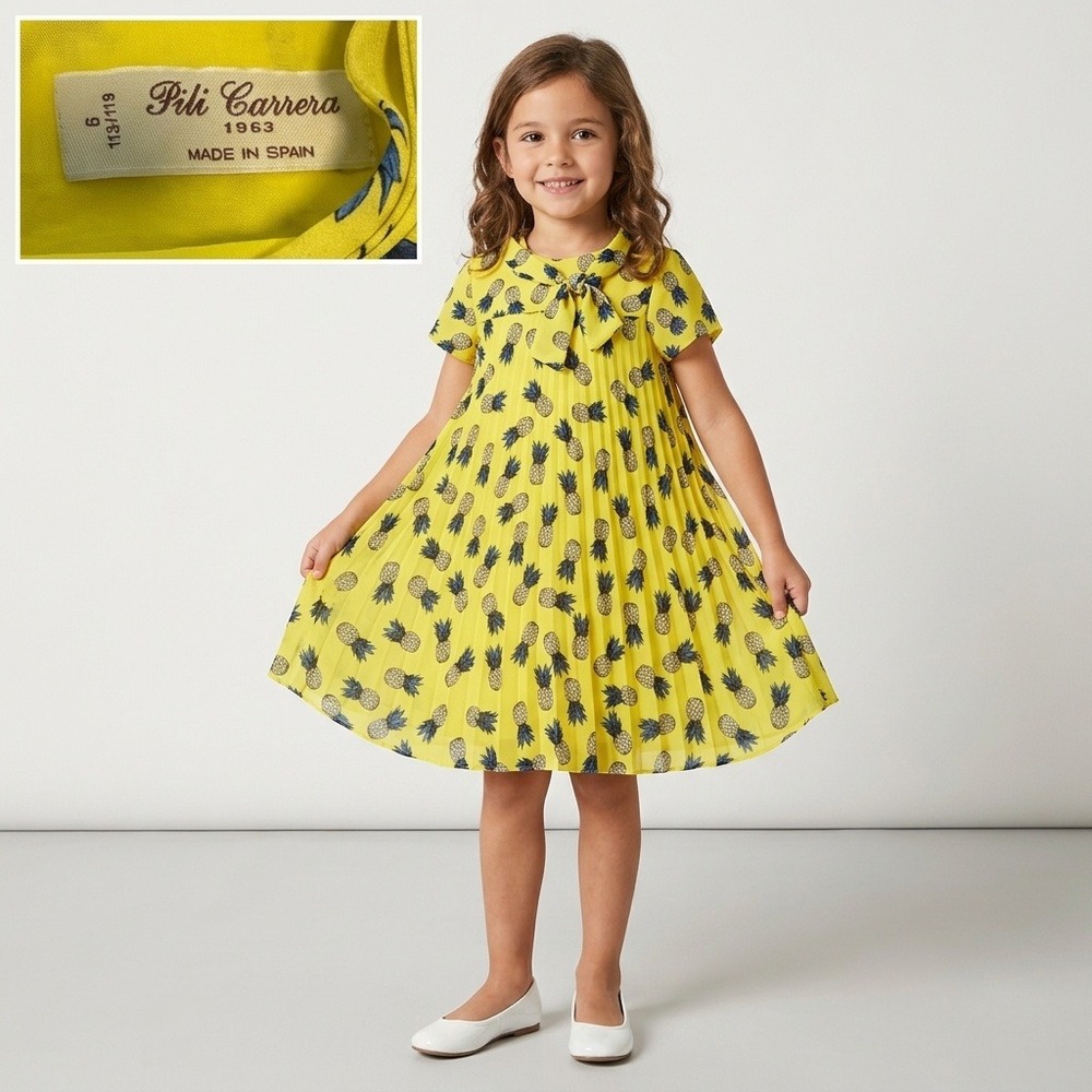 Pili Carrera Pineapple Pleated Dress Kids 6 Yellow Excellent Bow Accent Spain